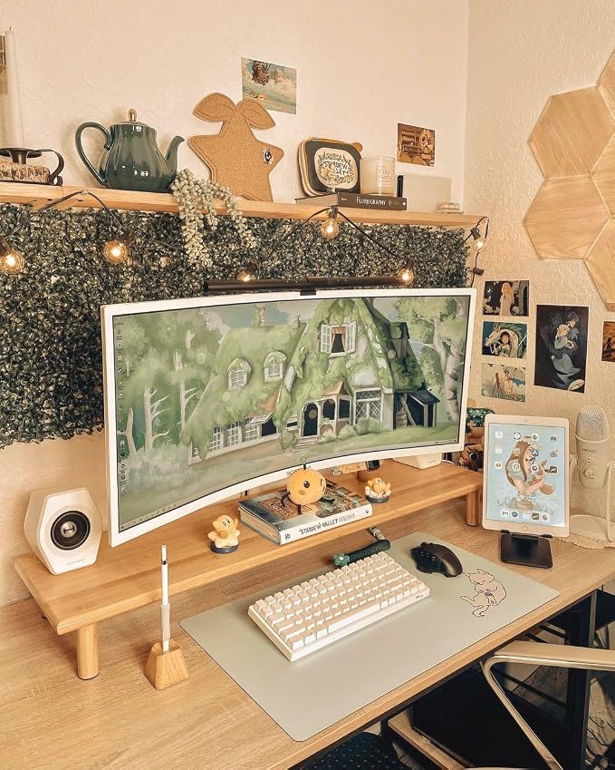 Bamboo Dual Monitor Stand Riser, Natural Desktop Shelf with Storage | 39.37-Inch Wide, Under-Shelf Storage for Keyboard, Mouse and Laptop, Fits Two 24-Inch Monitors in Home Office