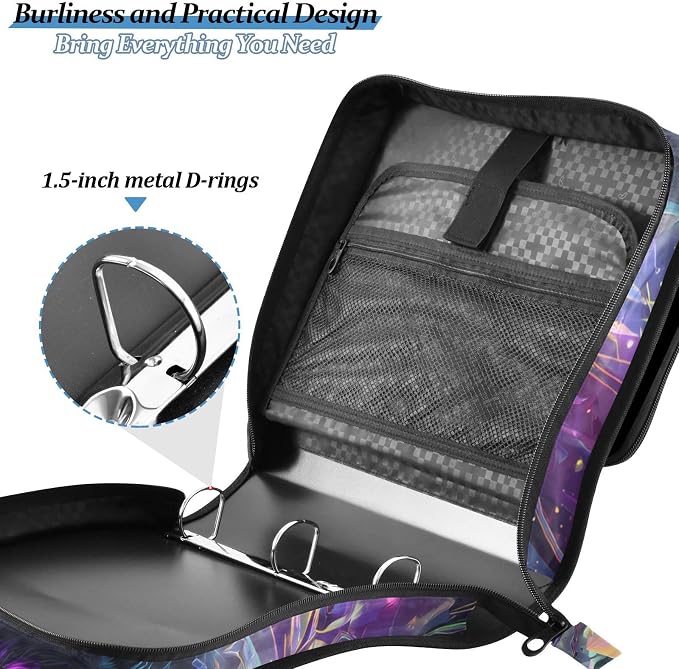 Black Wolf Purple Eyes Galaxy Zipper Binder Bag 3 Ring Binder with Shoulder Strap Zip Up 500 Sheets Capacity Multi Pockets for School Office Supplies