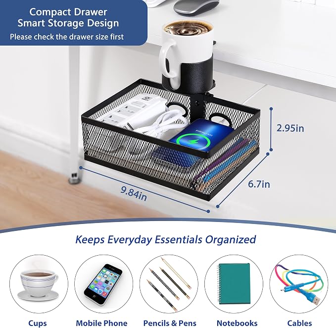 360 Rotating Under Desk Drawer Organizer with Cup Holder Clamp On Desk Drawer No Drilling Swivel Desk Tray Anti-Slip Small Pencil Drawer Under Desk Storage Easy Install for Home Office