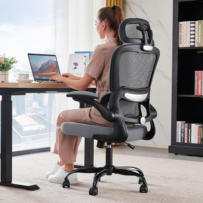TRALT Office Chair Ergonomic Desk Chair - Gaming Chair with Lumbar Support | 330 LBS Home Office Desk Chairs with Headrest, Reading Chair with Flip-up Armrests, Comfortable Computer Chairs (1, Grey)