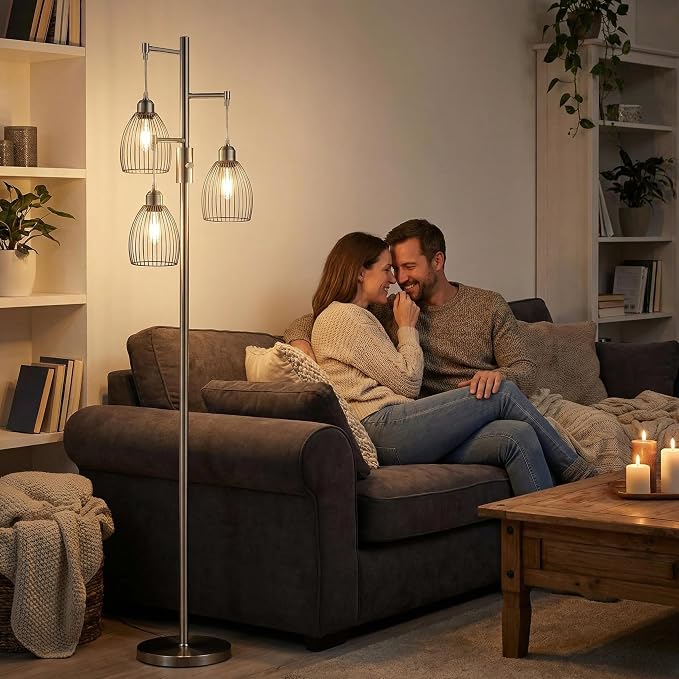 Dimmable Floor Lamp, Industrial Floor Lamps for Living Room, Brushed Nickel Tree Lamp Standing Lamp Tall Lamps with 3 Elegant Teardrop Cage Head & 800 Lumens LED Bulbs for Living Room Bedroom Office