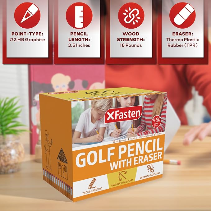 XFasten Golf Pencils with Erasers Bulk, 450-Pack 3.5" #2 HB Pre-Sharpened Easy-to-Grip Half Mini Golf Pencils for Kids, Adults, and School Supplies - Hexagonal, Smooth Writing, and Non-Smudging