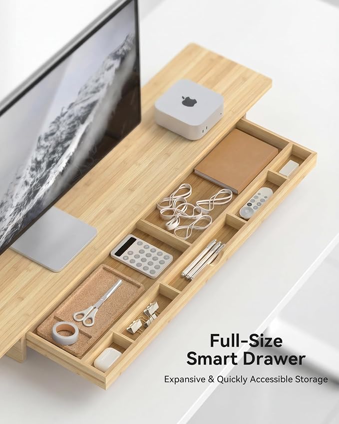 42" Dual Monitor Stand Riser with Large Drawer Keyboard Storage | Double Computer Monitor Riser Shelf for 55-72 Inch Desk Aesthetic Workplace Setup Desktop Organizer Bamboo