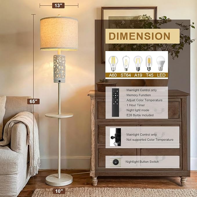 Dimmable Farmhouse Floor Lamp for Living Room, 2-in-1 Rustic Floor Lamp with Main&Night Light,Linen Shade&Dual Switches, 65" Standing Lamp for Bedroom Office Corner Dining Room, Wood Pole Lamp
