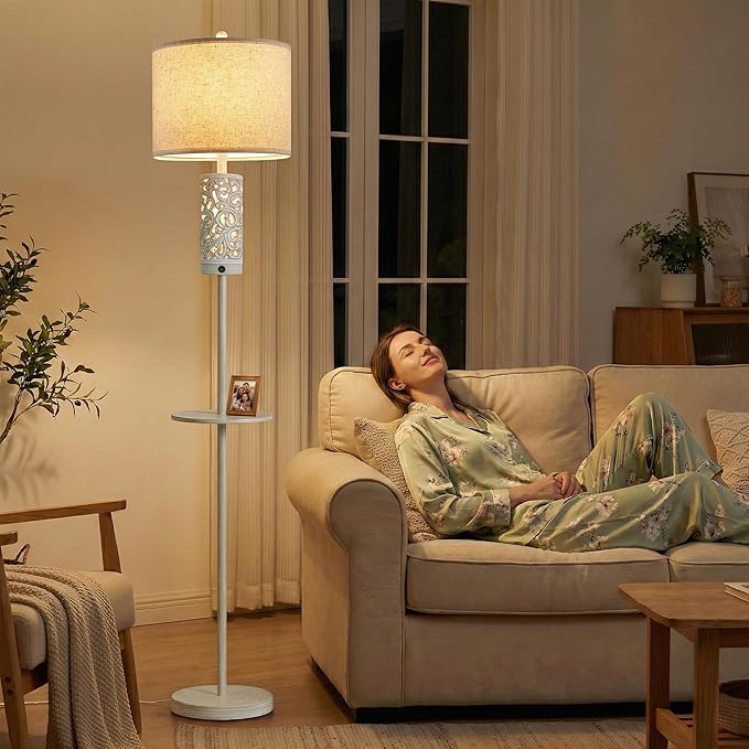 Dimmable Farmhouse Floor Lamp for Living Room, 2-in-1 Rustic Floor Lamp with Main&Night Light,Linen Shade&Dual Switches, 65" Standing Lamp for Bedroom Office Corner Dining Room, Wood Pole Lamp