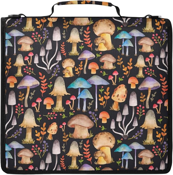 Mushrooms Print Zipper Binder File Organizer Bag 3 D-Ring | with Shoulder Strap, Holds 500 Sheets & 14in Laptop, 3 Ring Binder for Office Supplies