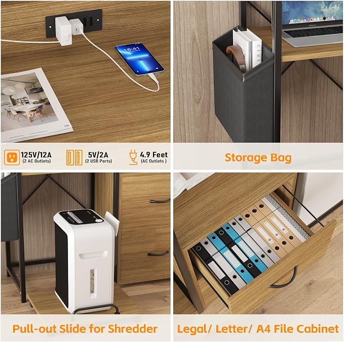 GarveeLife File Cabinet Furniture, Filing Cabinet with 2 Drawers, Rolling Printer Stand with Open Storage Shelves for Home Office, Printer Stand with Power Strip & LED Lights, 49.2" h, Natural