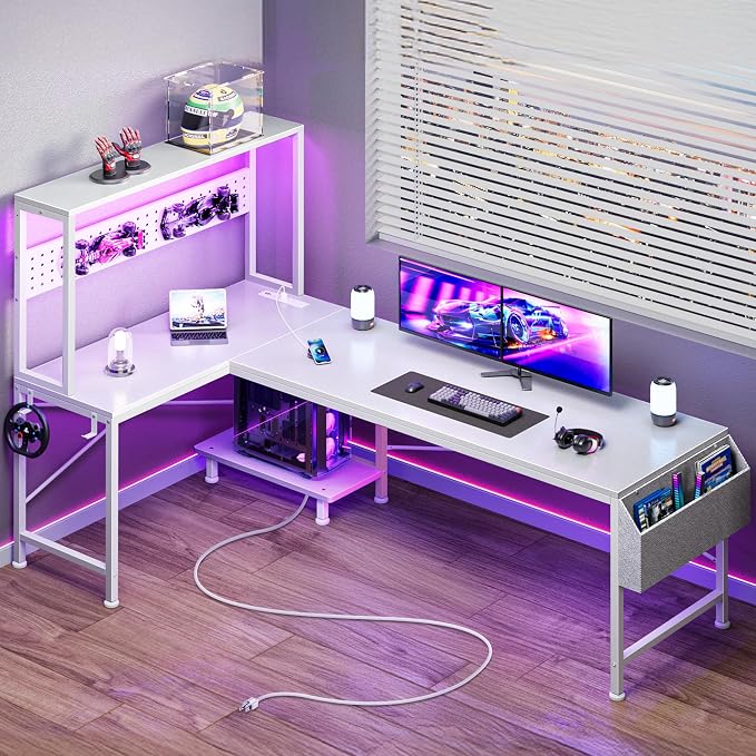 L Shaped Gaming Desk with LED Lights & Power Outlets | Reversible Computer Desk with Storage Shelves & Bag, Large Corner Home Office Desk with Pegboard for Work from Home, White