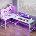 L Shaped Gaming Desk with LED Lights & Power Outlets | Reversible Computer Desk with Storage Shelves & Bag, Large Corner Home Office Desk with Pegboard for Work from Home, White