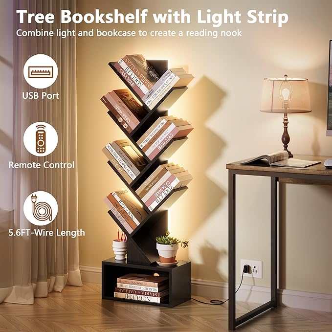 Hoctieon 6 Tier Tree Bookshelf, Tall Bookcase with Drawer, Freestanding Book Shelf with LED Lights, Display Floor Standing Storage Shelf, Book Organizer Shelves for Home Office, Living Room, Black