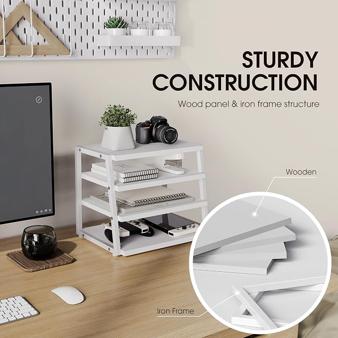 Fenge Desk Shelf Organizer, 4-Tier Tower Desktop Office Shelves, White | Wood and Metal Open Shelf, Corner File Organizer for Office Supplies, Top of Desk Organizers and Accessories