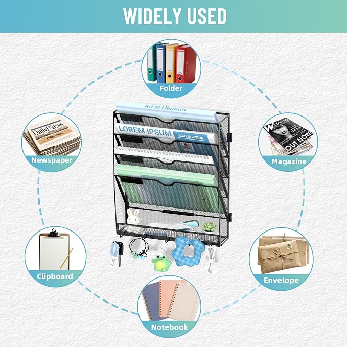 5-Tier Wall File Organizer with 5 Hooks, Wall Mounted Mail Organizer | File Holder Organizer, Metal Mesh Office Wall Organizer for Home, School & Classroom