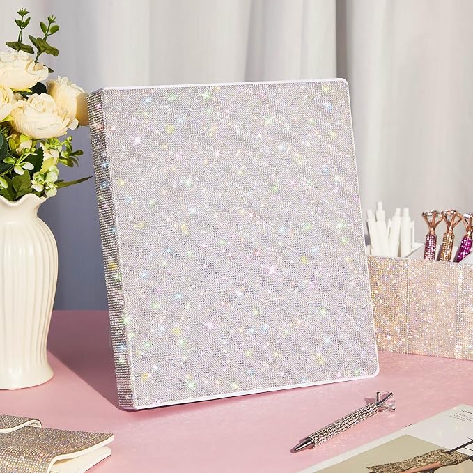 Bling 3 Ring Binder Silver Rhinestone Glitter 1 Inch Binder Organizer with 2 Interior Pockets 8.5'' x 11'' Women Gift for Christmas Home Office School Use