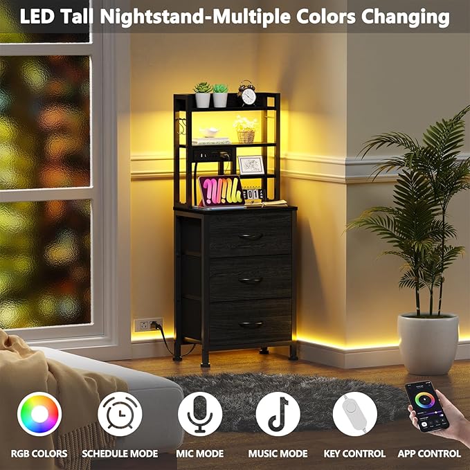 Black Nightstand with Bookshelf, Tall Bedside Table & Night Stand | 3 Fabric Drawers & LED Lights, 45.3" Bed Side & End table with Charging Station in Bedroom, Dorm, Metal Frame, Wood Shelves
