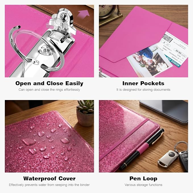 Ospelelf Leather 3 Ring Binder with Clipboard, 1 Inch Round Ring Vintage Hardcover Binder with Dividers and Tabs, Professional Binder Organizer for Office, School, Glitter Light Pink