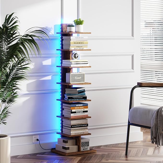 TUTOTAK Book Shelf, Narrow Spine Bookshelf, 8-Tier Bookcase with LED Lights | 10.4 x 13.4 x 47.5 Inches Vertical Freestanding Corner Shelf for Living Room, Office, Small Space, Brown BS06BB008L