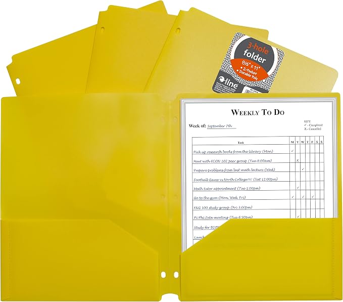 C-Line Two-Pocket Heavyweight Poly Portfolio Folder with Three-Hole Punch, Box of 25, Yellow (33936-25)