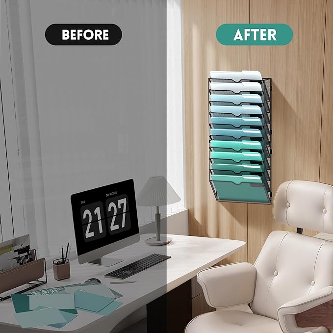 10-Tier Wall File Organizer, Hanging File Holder, Wall Mounted Mail Sorter | Metal Mesh Hanging File Organizer with Open Compartments and Label Panels for Papers and Folders at Home, Office or School