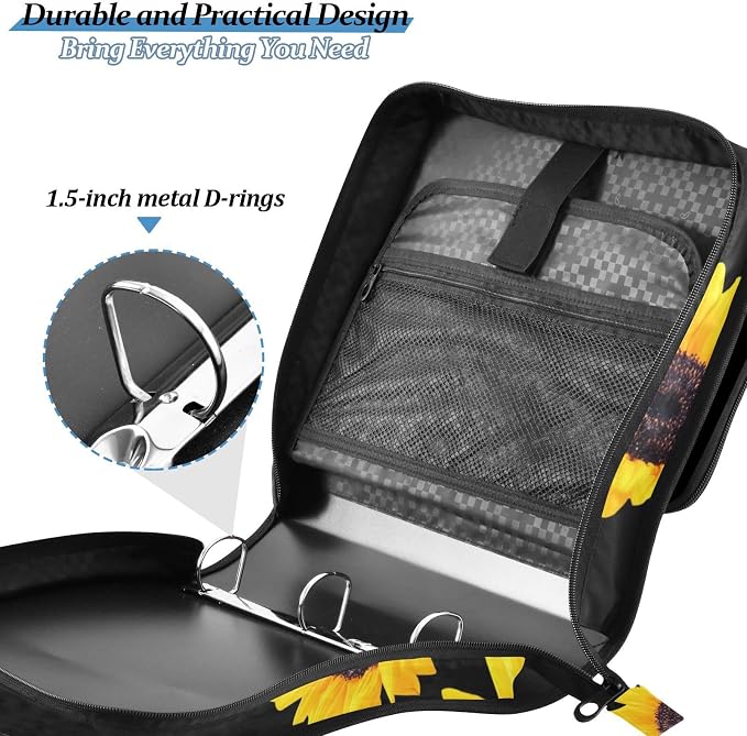 Sunflower Binder Bag 3 Ring Zipper with Handle Shoulder Strap | for School Work Office Organizer Storage Case