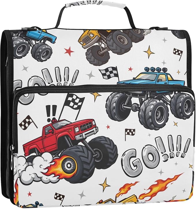 Truck Racing Car Flag Truck 3 Ring Binder Bag 1.5 inch Binder Organizer with Zipper Shoulder Strap 500 Sheet Documents Storage for School Office