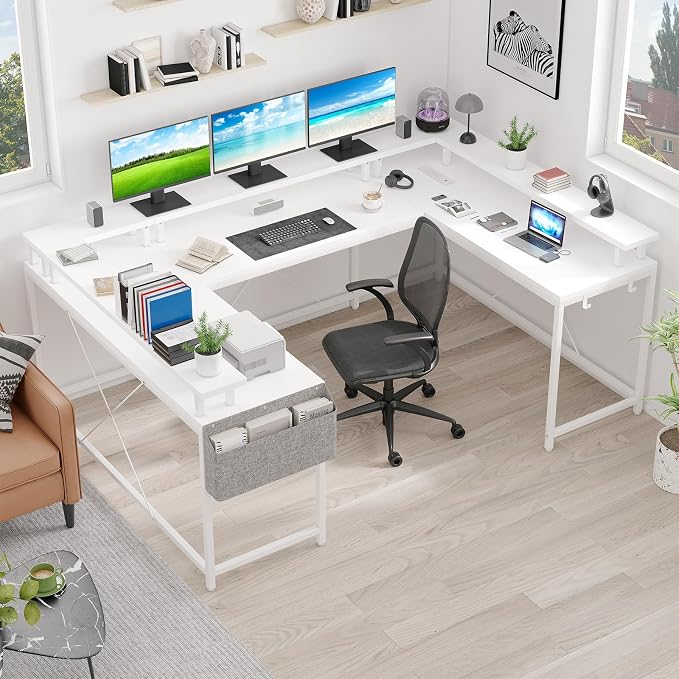 Reversible u Shaped to l Shaped Computer Desk with RGB Lighting & Charging Station, 79 Inch Home Office Workstation with Full Monitor Stand, Heavy Duty Gaming Desk Supporting 600LBS, Multiple Color Op