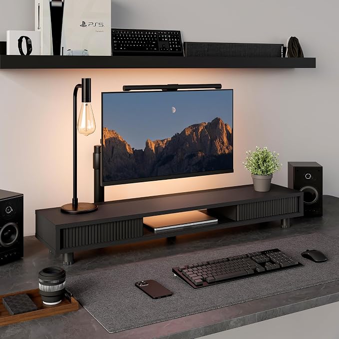 Fenge Dual Monitor Stand with Storage, Desk Shelf with Glass Sliding Door | Ergonomic Height Adjustment, 42.5in Monitor Shelf, 2-Tier Monitor Riser, Desk Organizer for Screen, PC, Laptop, Balck