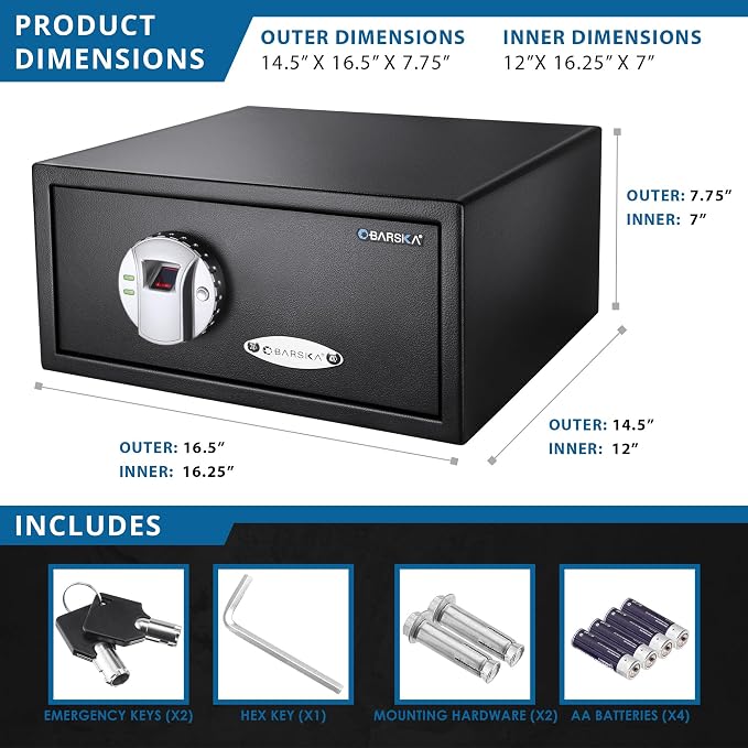 Barska AX11224 Biometric Fingerprint Security Home Safe Box 0.79 Cubic Ft, Black | Biometric fingerprint lock with mounting hardware and backup keys for firearms, jewelry and valuables