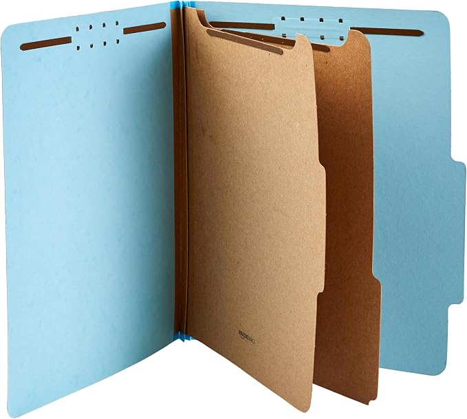 Amazon Basics Classification Folder with Prongs, 100% Recycled, 2 Dividers, 2" Embedded Fasteners, Letter Size, for Documents Organization, Light Blue, 10 Count (Pack of 2)