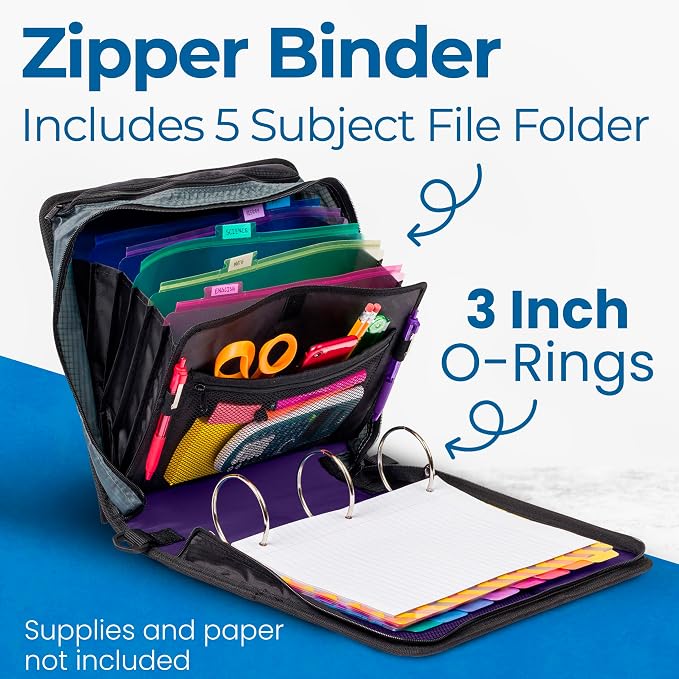 Case-it Zipper Binder | 3-Inch O-Rings | 600-Sheet | D-146 Purple Eclipse | Mighty Zip Tab, 5-Subject Expanding File Folder, Multiple Pockets, Storage Organizer, Shoulder Strap, School & Office