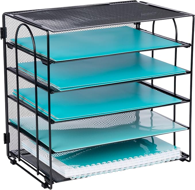 Desk Organizer Tray, Letter Tray in Black Metal Mesh for Organizing Files, Papers, Bills, Folders, Letters, and Binders. Desktop Paper Rack for Home, Office, or School (5 Tier - New)