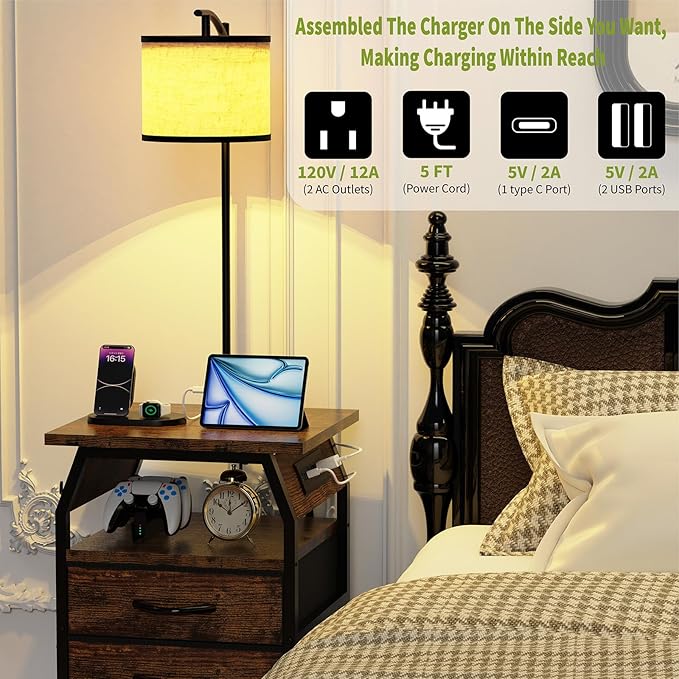 runjuly Floor Lamp with Table Set of 2, End Tables with Lamps Attached 3-Color Temperature Bulb, Side Table with Lamp with 3 Drawers & Charging, Lamps Tables Combo for Bedroom, Dorm - Rustic Brown