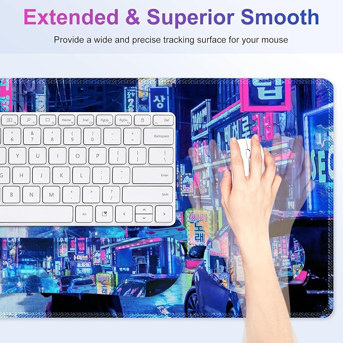 Large Gaming Mouse Pad Set, 4 in 1 Extended Keyboard Desk Mat with Wrist Rest, Computer Game Mousepad, Non-Slip Desk Pad Protector Easy Typing Pain Relief for Home Office I Anime Neon Street
