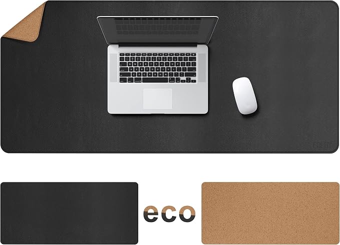 Cacoy 48"x24" Dual-Sided Desk Pad Blotter, Cork & PU Leather Desk Mat,Black | Cork Desk Protector Large Mouse Pad Leather Desk Organization and Accessories Non-Slip Stitched Edges Waterproof Writing Pad