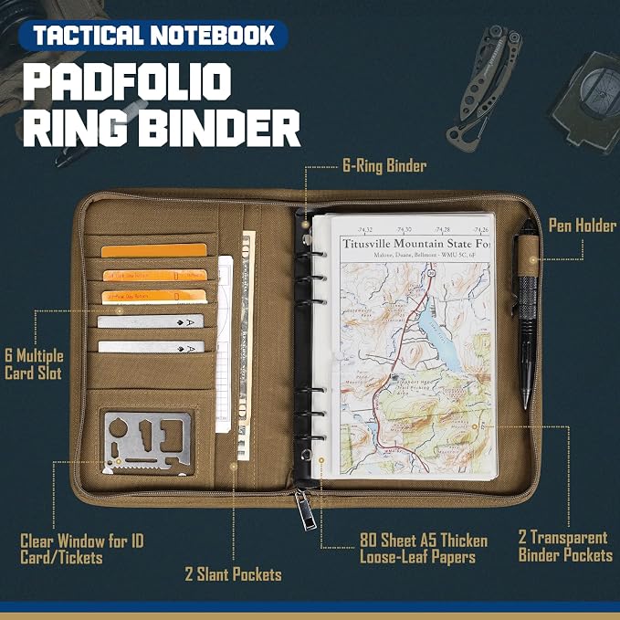 WYNEX Tactical Notebook Padfolio 6 Ring Binder, A5 Refill Paper | M-7.3x10" Zip Hardcover Notebook, 80 Sheets Loose Leaf Paper, 1"O-ring Water-Resistant Planner, for Office College Field Gift