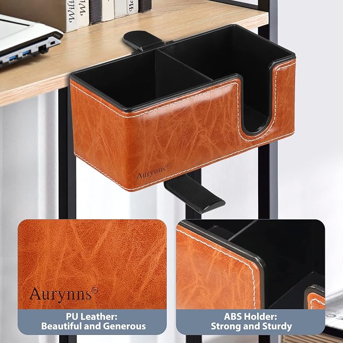Under Desk Cup Holder Clamp on Cup Holder PU Leather Clip on Desk Organizer | Desk organizer with pencil holder clamp on side, under desk hanging organizer, clip on cup holder desk phone stand holder PU