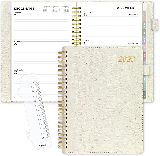 SUNEE 2027 Weekly & Monthly Planner 6.2"x8.5"- 12 Month (January 2027 - December 2027), Vegan Leather Cover, Pocket, Bookmark, Notes, Monthly Tab, Beige
