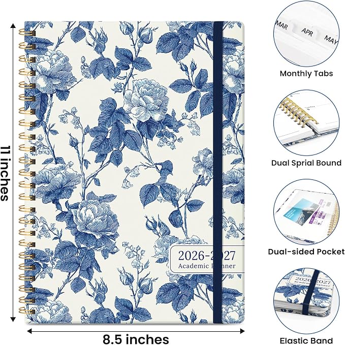 ZOTIA Academic Planner 2026-2027, Monthly & Weekly Jul 2026-Jun 2027 | Porcelain Rose, 8.5" x 11" Calendar Planner for Women, Hardcover Pretty Organizer for Women, School Office Home Supplies