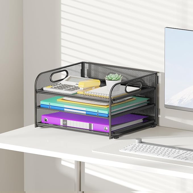 Cawukege 3 Tier Paper Organizer with Handle, Metal Desk Organizer Mesh Paper Letter Tray Desktop File Folder Document Sorter for Classroom, School, Office Accessories Storage (1, Black)