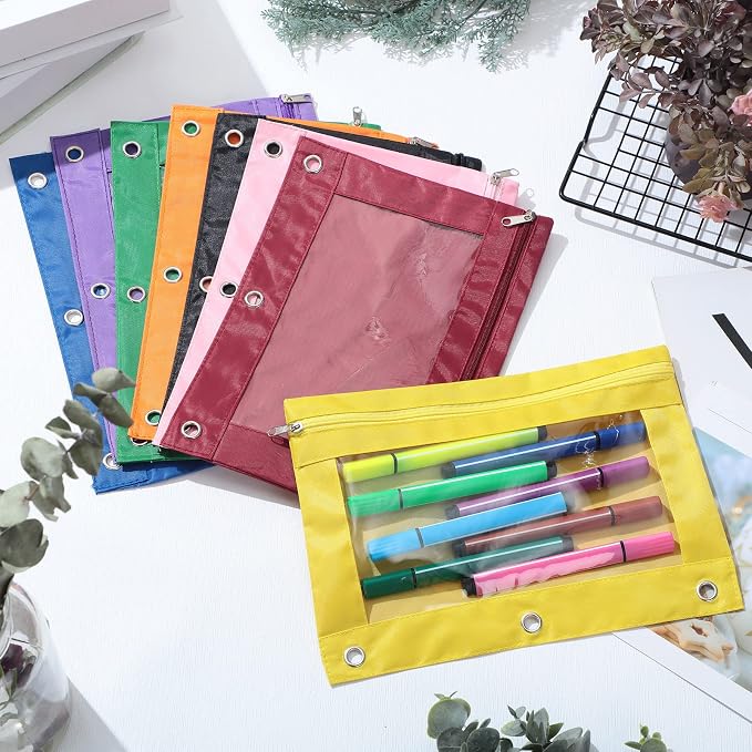 Leinuosen 64 Pack Pencil Pouch Bulk for 3 Ring Binder, Pencil Case with Zipper and Clear Window 8 Assorted Color Storage Bag for Office, Back to School Classroom Supplies
