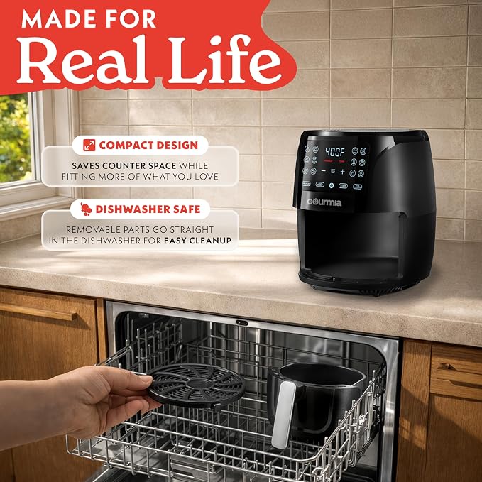 Gourmia Air Fryer - 6 Qt Large Capacity, FryForce 360º, Digital Display with 12 Presets, Roast, Bake, Broil, Dehydrate, Dishwasher Safe Accessories, Black
