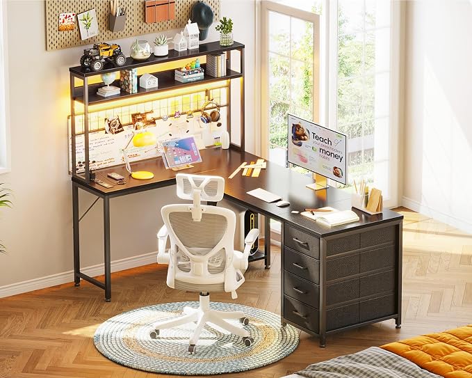 AODK L Shaped Desk Gaming Desk with LED Light & Power Outlet | 59 Inch Black Reversible L Shaped Computer Table with 4 Drawers for Home Office