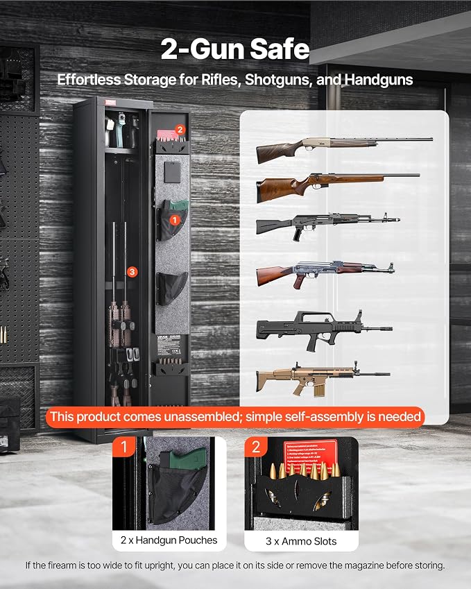 VEVOR Gun Safe, Heavy Duty Cold-Rolled Steel Rifle Cabinet with Digital Keypad & Key, Large Long Gun Cabinet with Magazine and LED Lighting, Adjustable for Rifles, Pistols, Shotgun(Assembly Required)