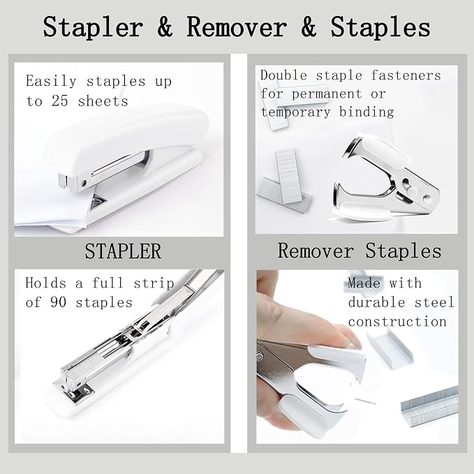 White Office Desk Accessories Supplies, 12pcs Desk Organizers and Accessories with Tape dispenser and Stapler,Staples,Staple Remover,Pen Holder,Scissor,Ruler,Sticky Tabs,Tape,Ballpoint Pen,Clips Set