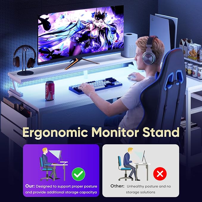 DUMOS L Shaped Gaming Desk, 48" Computer Desks with Storage Shelves | Coner Desk with USB Charging Ports, Power Outlets, LED Lights and Monitor Stand for Home Office, White