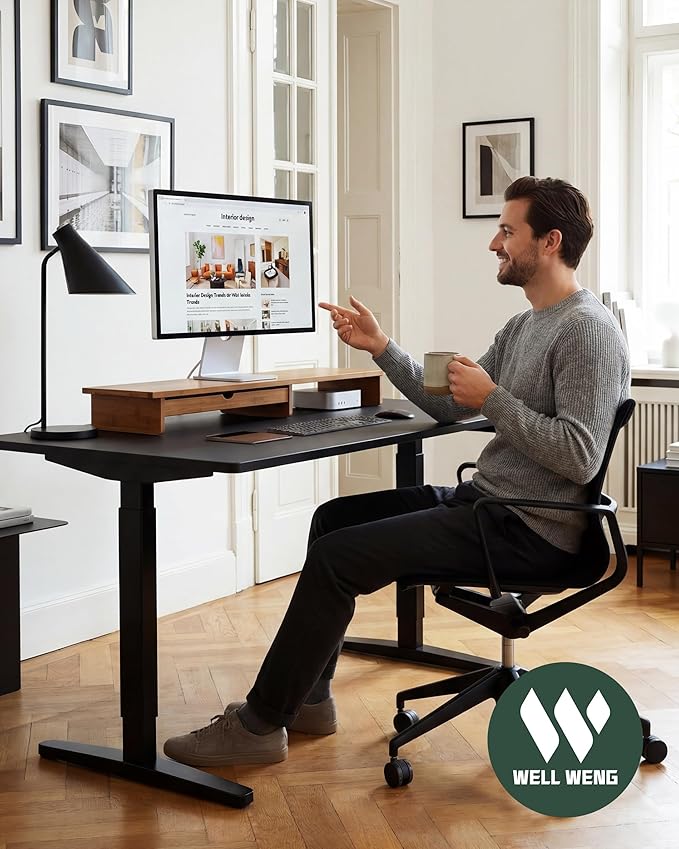 42” Monitor Stand with Large Drawer Keyboard Storage,Dark Bamboo | dual Computer monitor riser shelf for 55-72 inch desk aesthetic workplace computer setup desktop organizer easy assembly