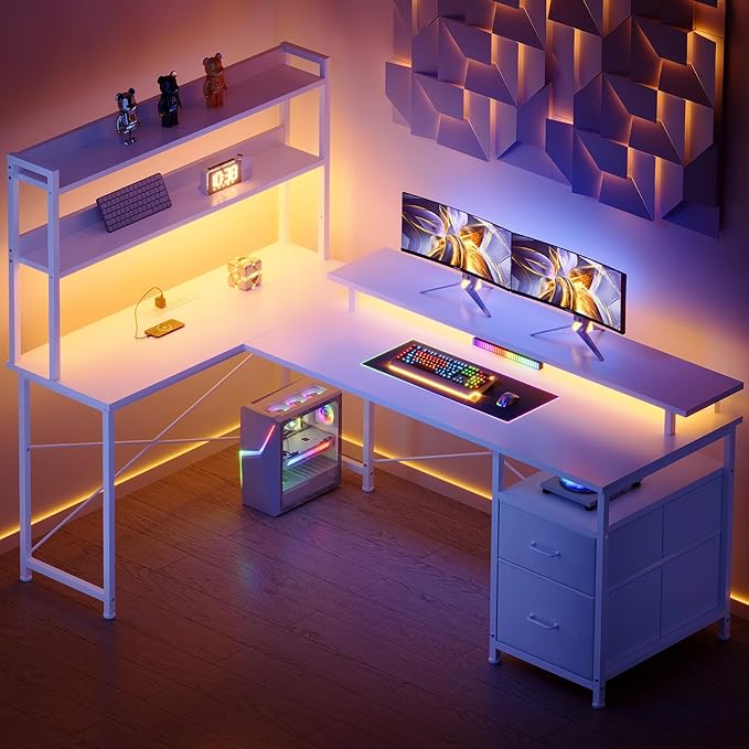 L Shaped Gaming Desk, Reversible with LED Lights, Shelves, White | Reversible, LED lights, Charging, Monitor stand