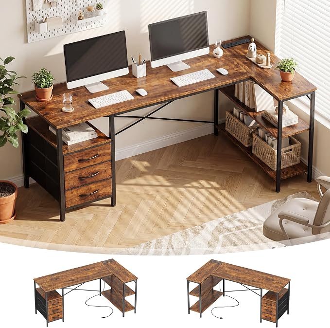 Alpen L Shaped Computer Desk, 55 Inch Corner Desk with Drawers and Power Outlets, Home Office Desk for Gaming, Study Writing PC Table with Storage and Reversible Shelf, Brown