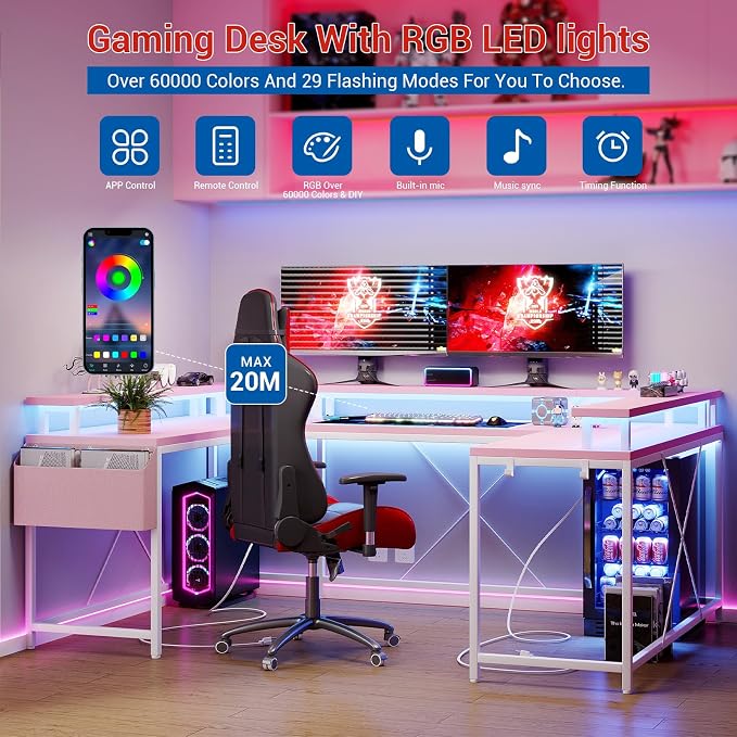 Reversible u Shaped to l Shaped Computer Desk with RGB Lighting & Charging Station, 79 Inch Home Office Workstation with Full Monitor Stand, Heavy Duty Gaming Desk Supporting 600LBS, Multiple Color Op