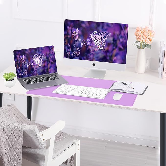 AFIING Cork Desk Mat 35.4" x 17", Dual-Sided Natural Cork & PU Leather Desk Pad, Non-Slip Waterproof Large Mouse Pad for Office, Home & Gaming (Purple)