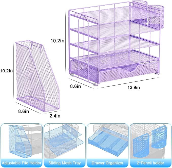 gianotter 5-Tier Desk Organizer with Drawers and File Holders | Letter Trays and Pen Holders - Workspace Accessories for Office Supplies (Light Purple)